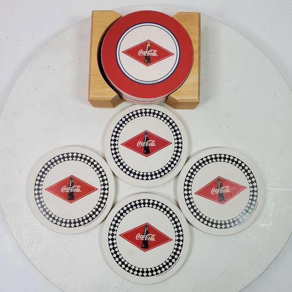 Vintage Coca Cola Coasters 4 Inch SET OF 8 + Wood Holder - Picture 1 of 3